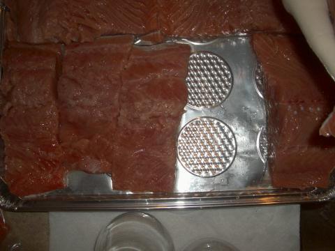 Ready to bake!  Yum - steelhead, king and silver salmon for dinner.